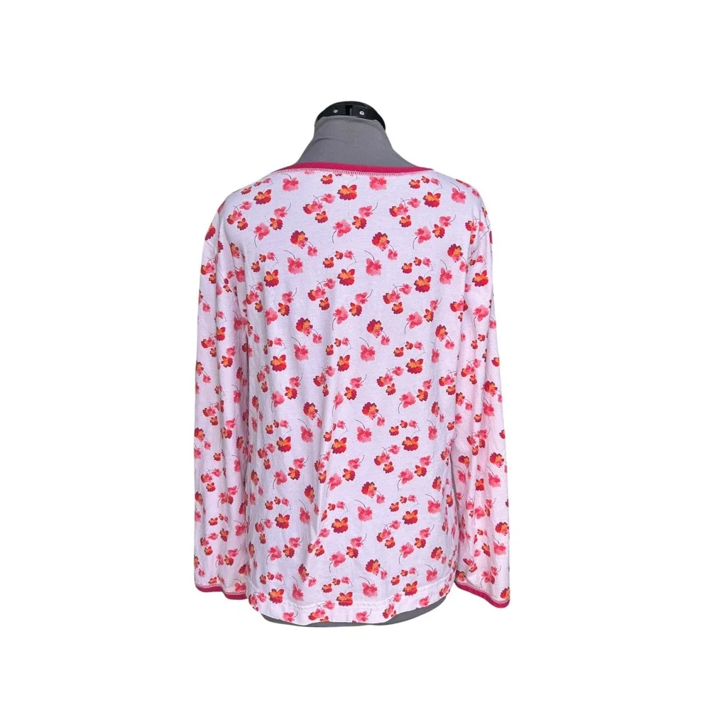 Garnet Hill Pajama Top Womens M Pink Floral Green Cotton Excellent V-Neck